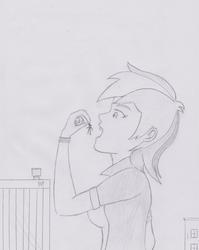 Size: 2492x3134 | Tagged: safe, artist:ponysubmarine, rainbow dash, scootaloo, human, equestria girls, g4, breasts, building, endosoma, female, fetish, giantess, high res, humanized, imminent vore, macro, monochrome, non-fatal vore, open mouth, pencil drawing, preddash, scootaprey, soft vore, traditional art, willing, willing prey