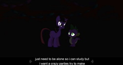 Size: 1000x531 | Tagged: safe, screencap, spike, twilight sparkle, g4, meme, youtube caption