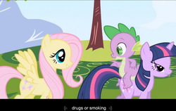 Size: 1000x632 | Tagged: safe, screencap, fluttershy, spike, twilight sparkle, dragon, pony, g4, dragons riding ponies, meme, riding, why not both, youtube caption