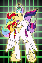 Size: 633x950 | Tagged: safe, artist:combatkaiser, princess celestia, sunset shimmer, twilight sparkle, alicorn, human, pony, unicorn, g4, crossover, digimon, digimonized, fusion, omnimon, twilight sparkle (alicorn)