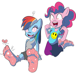 Size: 900x890 | Tagged: safe, artist:zuneycat, pinkie pie, rainbow dash, anthro, plantigrade anthro, g4, clothes, feet, foot fetish, foot focus, heart eyes, hypnosis, missing shoes, socks, wingding eyes