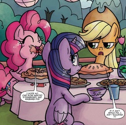 Size: 511x506 | Tagged: safe, artist:agnesgarbowska, idw, official comic, applejack, pinkie pie, twilight sparkle, alicorn, earth pony, pony, friends forever, g4, spoiler:comic, spoiler:comicff10, cropped, female, mare, picnic, pie, speech bubble, that pony sure does love apples, trio, twilight sparkle (alicorn)
