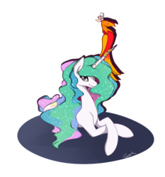 Size: 1021x1094 | Tagged: dead source, safe, artist:spaerk, philomena, princess celestia, phoenix, pony, g4, female, looking at you, mare, mlpgdraws, prone, signature, smiling