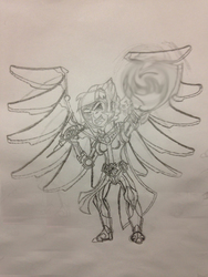 Size: 2448x3264 | Tagged: safe, artist:brony sentai, oc, oc only, oc:starburst, human, action pose, armor, fantasy class, future, futuristic, high res, humanized, knight, magic, monochrome, next generation, offspring, parent:flash sentry, parent:twilight sparkle, parents:flashlight, pencil drawing, solo, traditional art, warrior