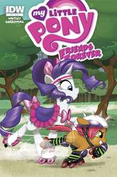 Size: 593x900 | Tagged: safe, artist:amy mebberson, idw, babs seed, rarity, g4, cover, idw advertisement, roller skates, saddle