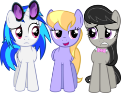 Size: 1290x993 | Tagged: safe, artist:zacatron94, cloud kicker, dj pon-3, octavia melody, vinyl scratch, earth pony, pegasus, pony, unicorn, g4, female, mare, open mouth, simple background, transparent background, trio, trio female, vinyl's glasses