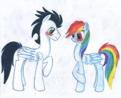 Size: 1024x829 | Tagged: safe, artist:harmonycs, rainbow dash, soarin', g4, blushing, female, male, ship:soarindash, shipping, straight, traditional art