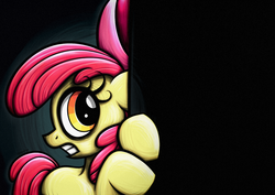 Size: 1754x1240 | Tagged: safe, artist:rambopvp, apple bloom, earth pony, pony, g4, female, hiding, scared, solo