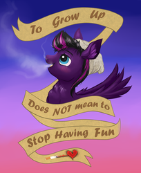 Size: 1516x1855 | Tagged: safe, artist:confetticakez, oc, oc only, pegasus, pony, banner, blushing, fluffy, heart, looking up, motivational, old banner, open mouth, positive ponies, smiling, smoking, solo, spread wings, wing fluff
