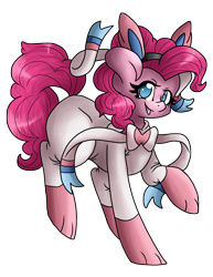 Size: 2434x3158 | Tagged: safe, artist:sk-ree, pinkie pie, pony, sylveon, g4, clothes, cosplay, costume, female, grin, high res, looking at you, pokémon, raised hoof, raised leg, simple background, smiling, solo, transparent background, vector, watermark