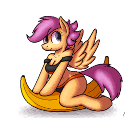Size: 426x392 | Tagged: safe, artist:tg-0, scootaloo, anthro, semi-anthro, arm hooves, banana, bikini, bra, bra on pony, breasts, busty scootaloo, cleavage, clothes, female, swimsuit, underwear