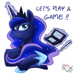 Size: 1000x1000 | Tagged: safe, artist:benkomilk, princess luna, gamer luna, g4, female, magic, nintendo ds, prone, solo, telekinesis, tongue out