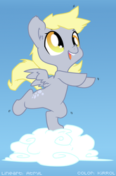 Size: 900x1367 | Tagged: safe, artist:atryl, artist:kirrol, derpy hooves, pony, g4, bipedal, cloud, female, smiling, solo