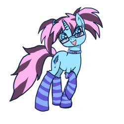 Size: 950x950 | Tagged: safe, artist:moekonya, oc, oc only, oc:wind art, pony, unicorn, clothes, glasses, pigtails, socks, solo, stockings, striped socks