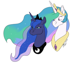 Size: 1177x992 | Tagged: safe, artist:carnivorouscaribou, princess celestia, princess luna, horse, g4, :o, annoyed, bust, frown, glare, simple background, transparent background, unamused, wide eyes