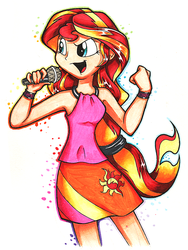 Size: 750x1000 | Tagged: safe, artist:hydro-king, sunset shimmer, equestria girls, g4, my little pony equestria girls: rainbow rocks, female, microphone, sleeveless, solo, song in the comments, traditional art