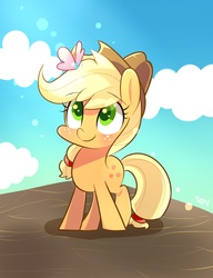 Size: 1000x1300 | Tagged: safe, artist:sion-ara, applejack, butterfly, g4, cute, female, jackabetes, smiling, solo