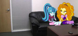 Size: 630x289 | Tagged: safe, edit, adagio dazzle, sonata dusk, equestria girls, g4, my little pony equestria girls: rainbow rocks, casting couch, equestria girls in real life, giggling, grin, happy, irl, laughing, photo, ponies in real life, smiling, this will end in snu snu