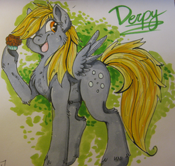 Size: 1024x970 | Tagged: safe, artist:brittishkitsune, derpy hooves, pegasus, pony, g4, :d, chest fluff, ear fluff, female, mare, muffin, smiling, solo, traditional art, wink