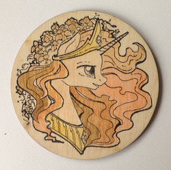 Size: 500x495 | Tagged: safe, artist:maytee, princess celestia, g4, craft, female, portrait, profile, pyrography, smiling, solo, traditional art, woodwork