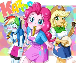 Size: 968x800 | Tagged: safe, artist:uotapo, applejack, pinkie pie, rainbow dash, human, equestria girls, g4, :3, abstract background, banjo, blowing, blushing, breasts, clothes, cute, dashabetes, delicious flat chest, diabetes, diapinkes, eyes closed, female, freckles, jackabetes, kazoo, looking at you, musical instrument, puffy cheeks, rainblow dash, rainbow flat, red face, shirt, skirt, sweat, uotapo is trying to murder us, weapons-grade cute