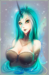 Size: 1070x1632 | Tagged: safe, artist:koveliana, queen chrysalis, human, g4, breasts, chromatic aberration, cleavage, color porn, female, heart, heart eyes, humanized, solo, wingding eyes, winged humanization