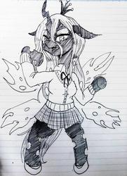 Size: 740x1024 | Tagged: safe, artist:yajima, queen chrysalis, changeling, changeling queen, anthro, semi-anthro, g4, arm hooves, clothes, female, monochrome, school uniform, solo