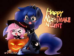 Size: 1280x976 | Tagged: dead source, safe, artist:gyaheung, princess celestia, princess luna, alicorn, pony, g4, ><, blushing, candy, cewestia, clothes, costume, cute, cutelestia, duo, eyes closed, filly, food, jack-o-lantern, lollipop, nightmare night, nightmare night costume, open mouth, pumpkin bucket, sitting, smiling, xd
