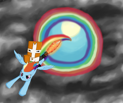 Size: 1628x1369 | Tagged: safe, artist:qaxis, rainbow dash, human, g4, castle crashers, crossover, flying, riding