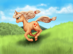 Size: 1600x1200 | Tagged: safe, artist:ablm, applejack, g4, female, galloping, hatless, missing accessory, running, solo