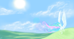 Size: 1280x683 | Tagged: safe, artist:ablm, princess celestia, g4, eyes closed, female, large wings, solo, spread wings