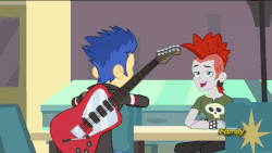 Size: 576x324 | Tagged: safe, screencap, crimson napalm, flash sentry, sonata dusk, equestria girls, g4, my little pony equestria girls: rainbow rocks, animated, background human, battle of the bands, discovery family, discovery family logo, electric guitar, female, flirting, guitar, male, musical instrument, senata, shipping, straight, subtitles