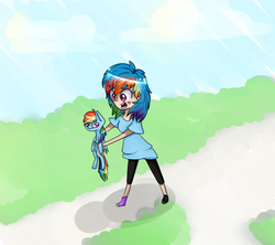 Size: 900x800 | Tagged: safe, artist:bambinen, rainbow dash, human, g4, duo, holding, human ponidox, humanized