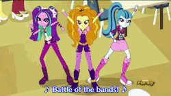 Size: 576x324 | Tagged: safe, screencap, adagio dazzle, apple bloom, aqua blossom, aria blaze, blueberry cake, brawly beats, bright idea, curly winds, drama letter, nolan north, normal norman, octavia melody, rose heart, sandalwood, scootaloo, snails, snips, some blue guy, sonata dusk, starlight, sweet leaf, sweetie belle, trixie, watermelody, equestria girls, g4, my little pony equestria girls: rainbow rocks, animated, background human, battle of the bands, boots, cutie mark crusaders, discovery family, discovery family logo, shoes, subtitles, the dazzlings