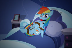 Size: 1024x696 | Tagged: safe, artist:radiantrealm, rainbow dash, pegasus, pony, g4, angry, ballgag, bed, bondage, bound and gagged, bound wings, dashsub, dresser, female, femsub, gag, mare, rope, shadows, show accurate, submissive, tied up