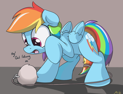 Size: 900x688 | Tagged: dead source, safe, artist:mistydash, rainbow dash, pegasus, pony, g4, behaving like a cat, confused, cute, dashabetes, female, mare, open mouth, signature, silly, silly pony, simple background, solo, text, toy