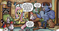 Size: 1400x738 | Tagged: safe, artist:agnesgarbowska, idw, angel bunny, fluttershy, iron will, g4, spoiler:comic, spoiler:comicff10