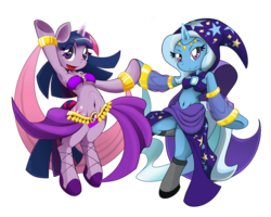 Size: 2000x1600 | Tagged: safe, artist:basilloon, linky, shoeshine, trixie, twilight sparkle, alicorn, unicorn, anthro, semi-anthro, unguligrade anthro, g4, arabian, arm hooves, armpits, belly button, belly dancer, bocas top, bollywood, bracelet, breasts, cape, clothes, dancing, female, hat, india, indian, indian pony, jewelry, lesbian, looking at you, midriff, ship:twixie, shipping, simple background, socks, stockings, thigh highs, transparent background, trixie's cape, trixie's hat, twilight sparkle (alicorn), underboob