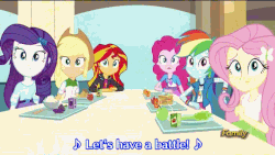 Size: 576x324 | Tagged: safe, screencap, applejack, fluttershy, pinkie pie, rainbow dash, rarity, sunset shimmer, equestria girls, g4, my little pony equestria girls: rainbow rocks, animated, animation error, battle of the bands, discovery family, discovery family logo, female, subtitles