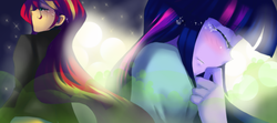 Size: 900x400 | Tagged: safe, artist:loyaldis, sunset shimmer, twilight sparkle, human, equestria girls, g4, my little pony equestria girls: rainbow rocks, crying, female, sad, twilight sparkle (alicorn)