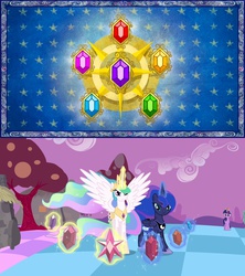 Size: 1280x1440 | Tagged: safe, edit, edited screencap, screencap, princess celestia, princess luna, twilight sparkle, alicorn, pony, friendship is magic, g4, princess twilight sparkle (episode), checkered floor, comparison, drama, elements of harmony, female, mare, twilight sparkle (alicorn)