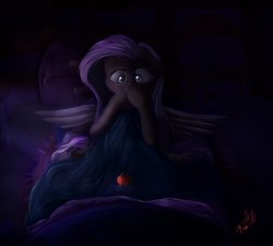 Size: 2000x1800 | Tagged: safe, artist:miokomata, fluttershy, g4, apple, bed, fangs, female, night, solo