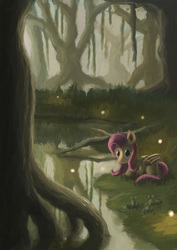 Size: 1240x1754 | Tagged: safe, artist:plainoasis, fluttershy, frog, g4, female, forest, scenery, solo