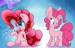 Size: 1280x819 | Tagged: safe, artist:madacon, pinkie pie, earth pony, pony, g4, belly button, duality, female, impossibly large ears, mare, self ponidox, solo, style emulation