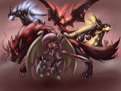 Size: 1024x768 | Tagged: safe, artist:cyrilunicorn, fluttershy, bat, vampire, wolf, g4, armor, badass, blade, crossover, flutterbadass, flutterbat, ponified, sacred, sacred: underworld, sword, video game, weapon