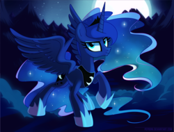 Size: 1370x1041 | Tagged: safe, artist:pepooni, princess luna, alicorn, pony, g4, cute, female, lunabetes, moon, mountain, night, solo, spread wings