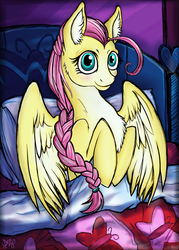 Size: 708x991 | Tagged: safe, artist:dezy-x29, fluttershy, g4, alternate hairstyle, bed, chest fluff, female, looking at you, pillow, solo