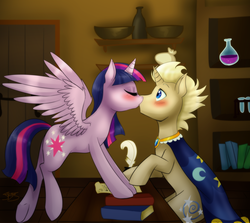 Size: 2800x2500 | Tagged: safe, artist:jitterbugjive, star swirl the bearded, twilight sparkle, alicorn, pony, g4, female, high res, kissing, male, mare, shipping, straight, twilight sparkle (alicorn), twiswirl, younger