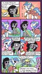 Size: 1827x3200 | Tagged: safe, artist:foxgirlkira, artist:pandan009, berry punch, berryshine, derpy hooves, dj pon-3, octavia melody, vinyl scratch, earth pony, pegasus, pony, unicorn, g4, alternate hairstyle, amused, clothes, colored, comic, distraction, dress, female, laughing, mailbox, mare, missing accessory, octavia is amused, vinyl class