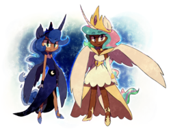 Size: 900x675 | Tagged: safe, artist:lillynya, princess celestia, princess luna, human, g4, dark skin, duo, eared humanization, female, horn, horned humanization, humanized, tailed humanization, winged humanization